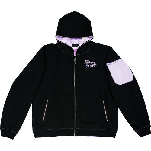 black and lavender praying rabbit hoodie with two front zipper pockets, a lavender pocket on the left sleeve, full zip through the hood, lavender satined lined hood, and embroidered praying rabbit logo on the left chest
