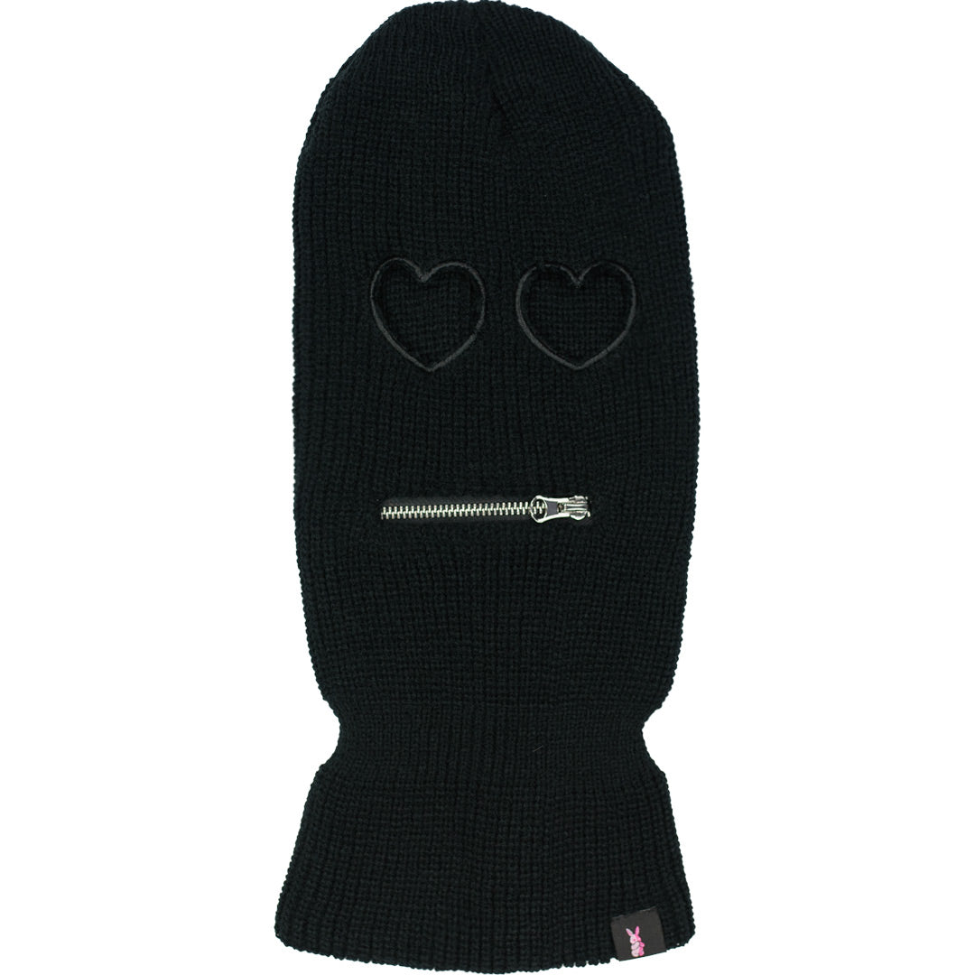 black ski mask with heart shaped eyes and zipper lips