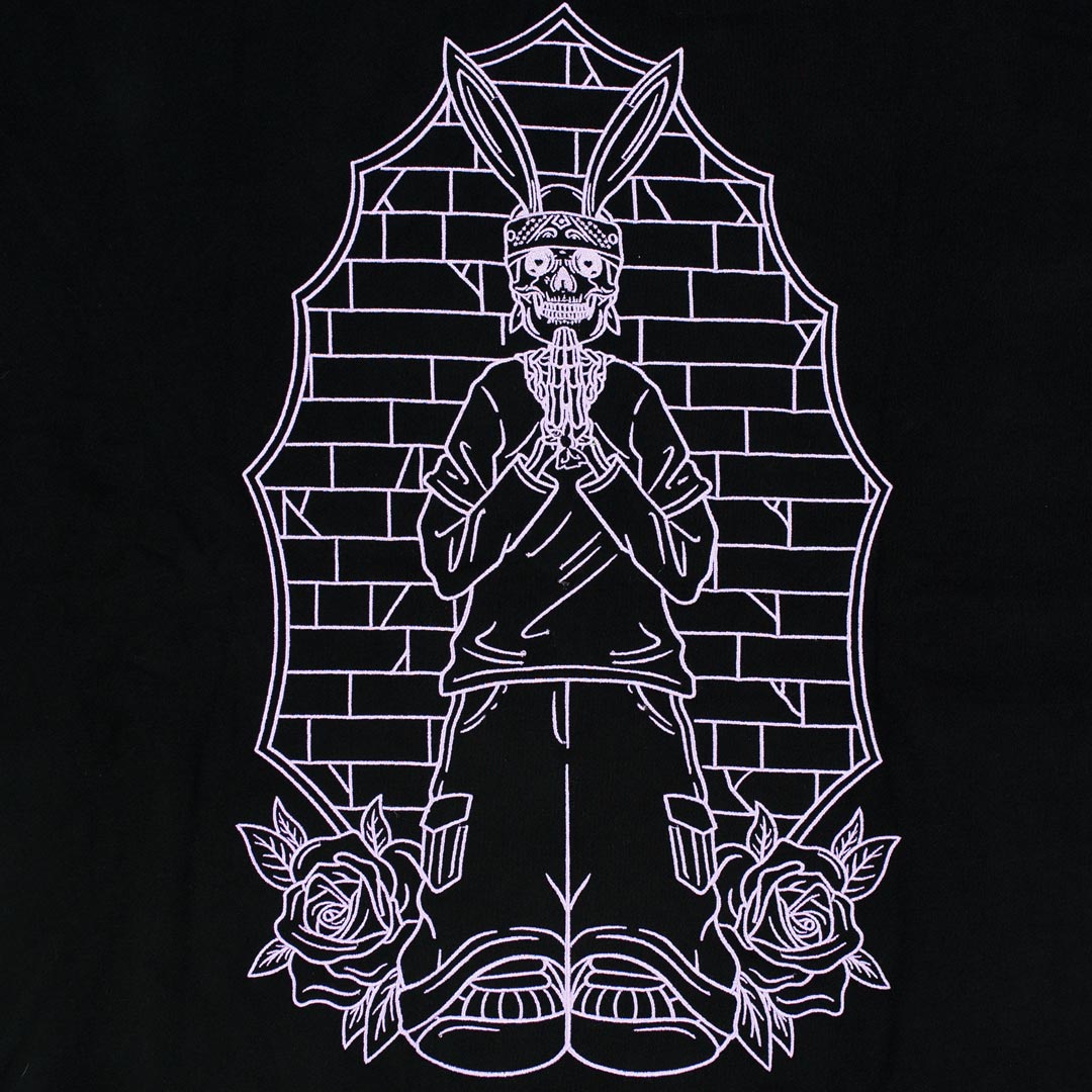 lavender embroidered praying rabbit design