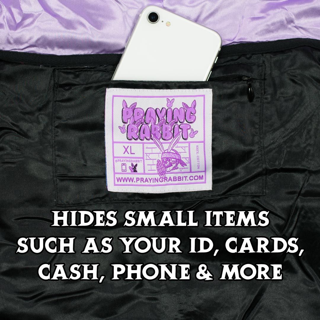 hidden neck pocket hiding a phone inside the pocket