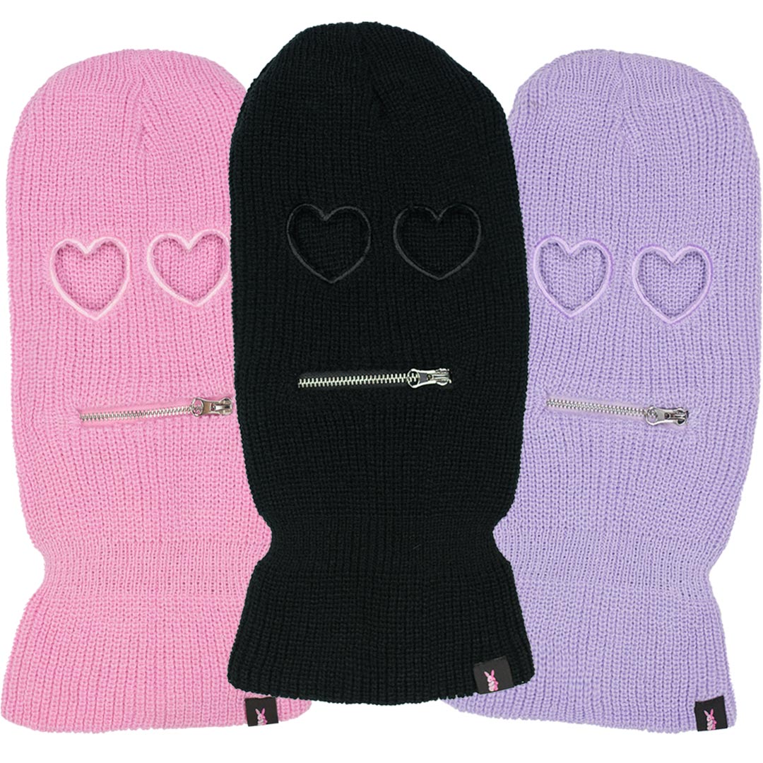 pink, black, and lavender ski mask balaclavas with heart shaped eyes and zipper lips