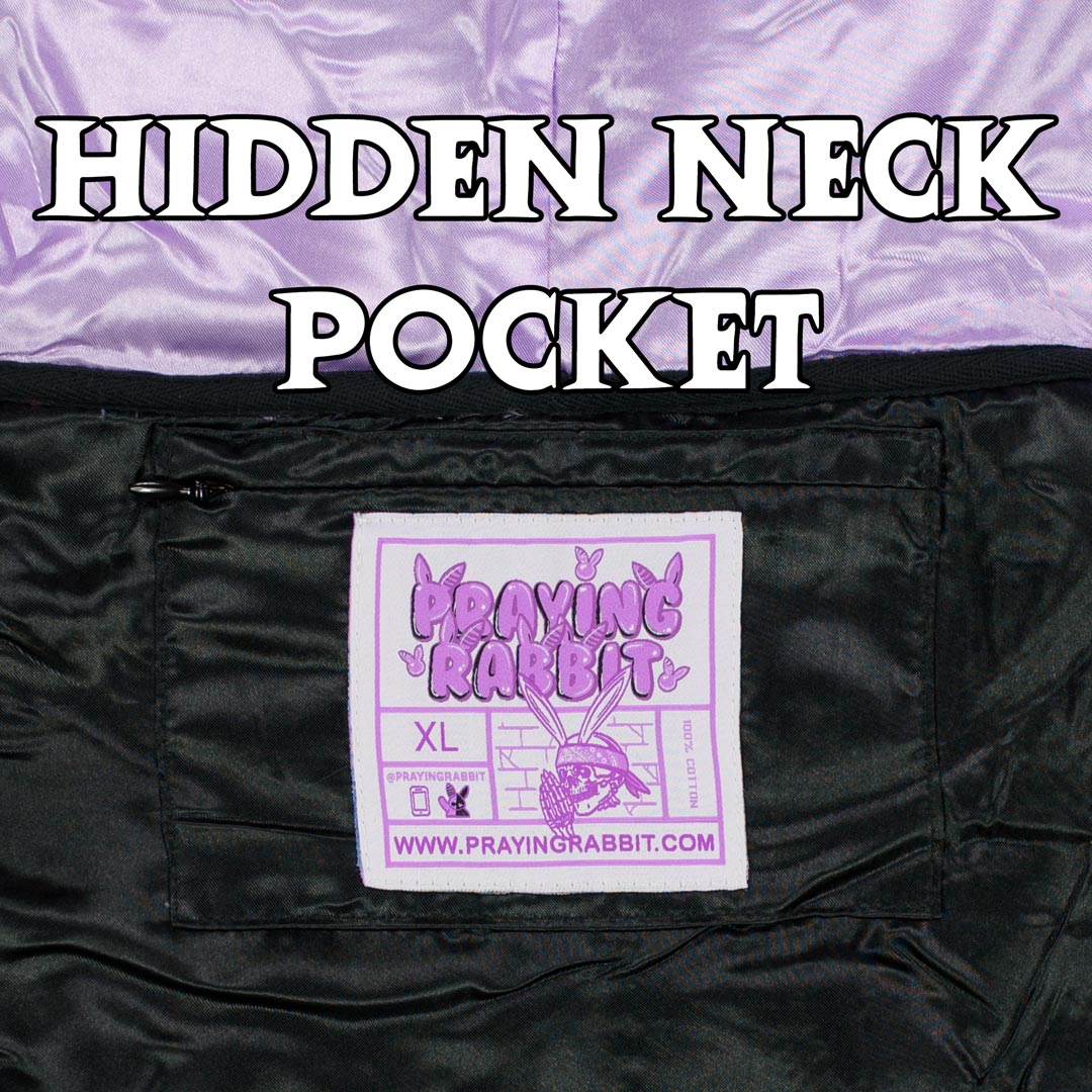hidden neck zipper pocket with a praying rabbit woven label