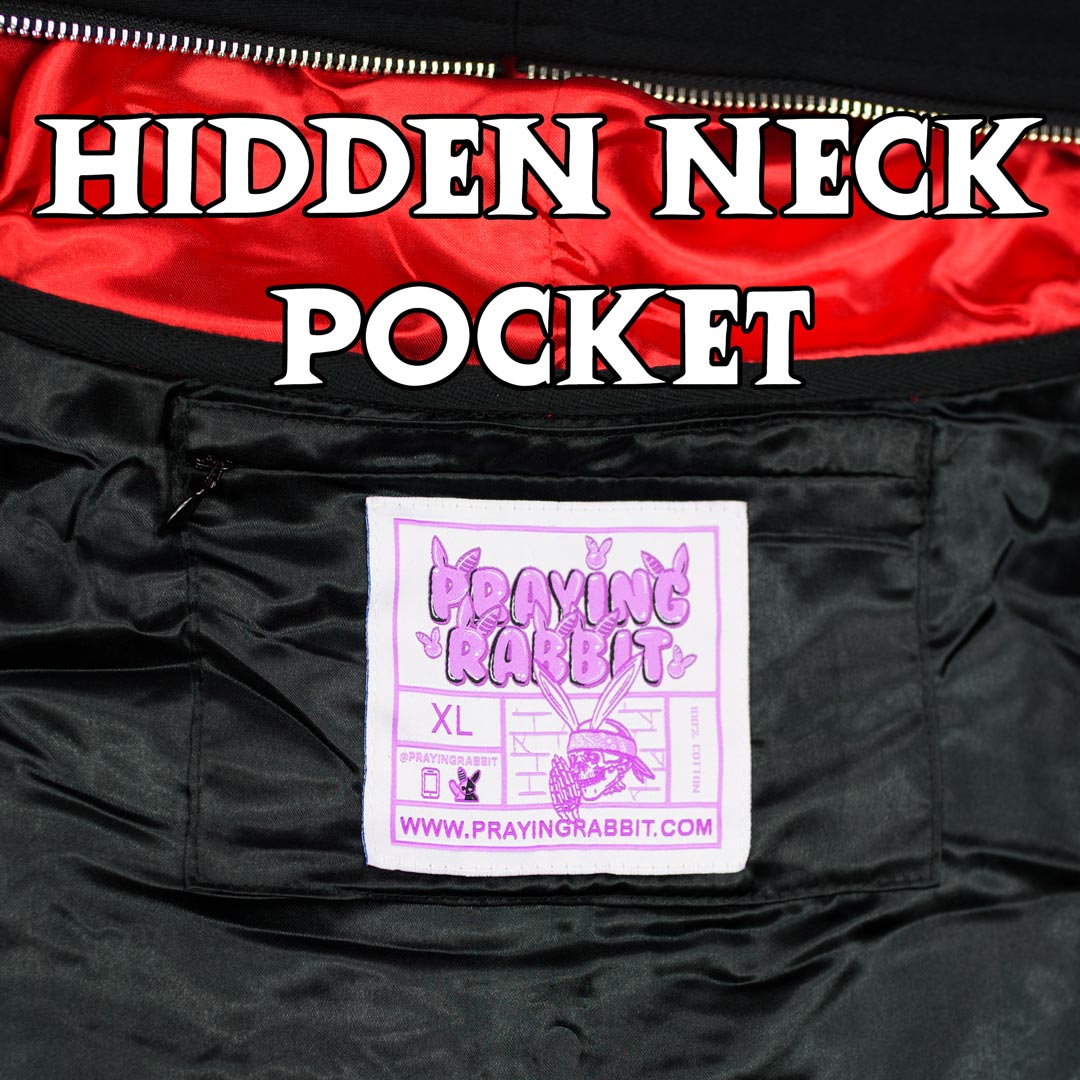 black hidden neck pocket with an invisible zipper and white praying rabbit woven label