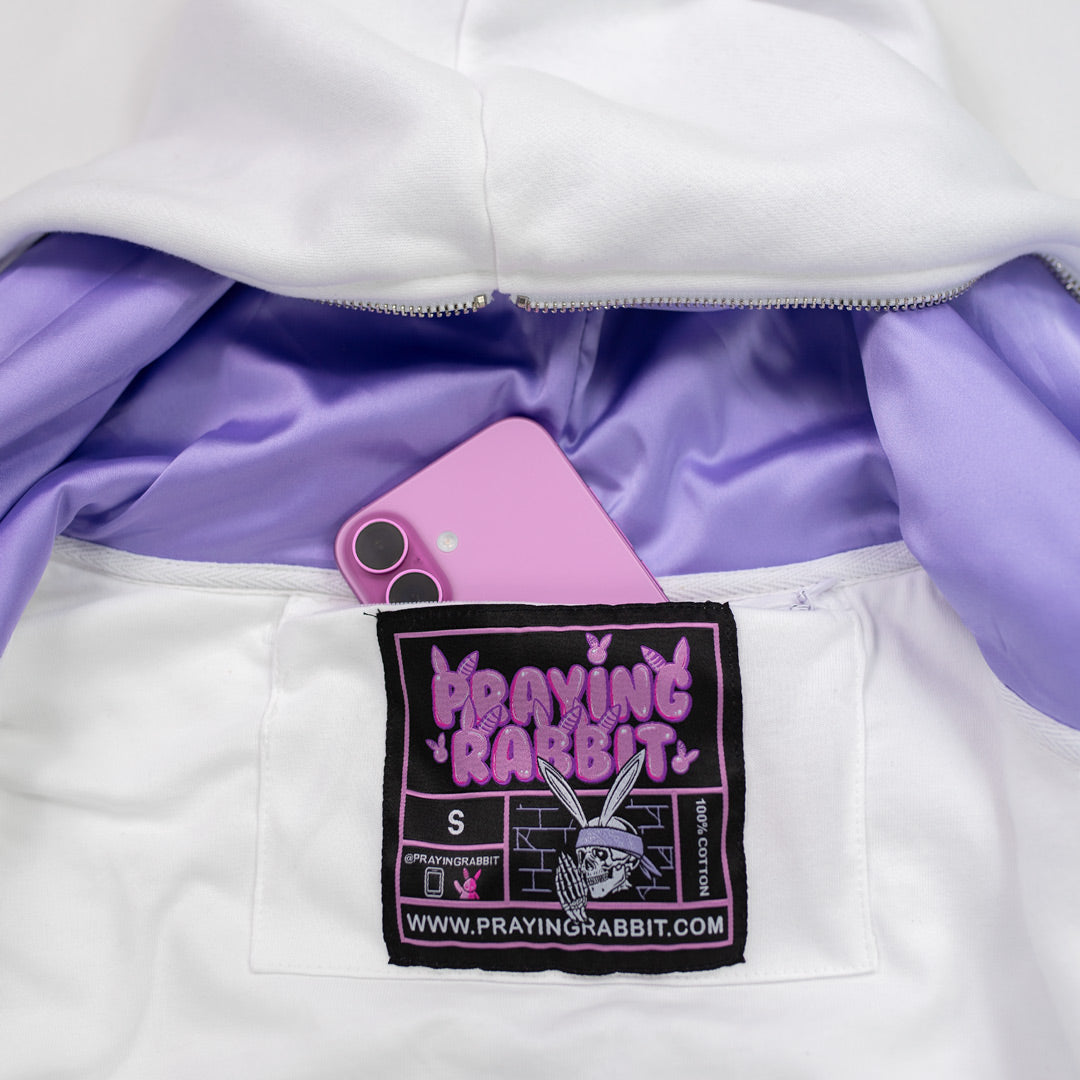 Praying Rabbit Hoodie – White/Lavender