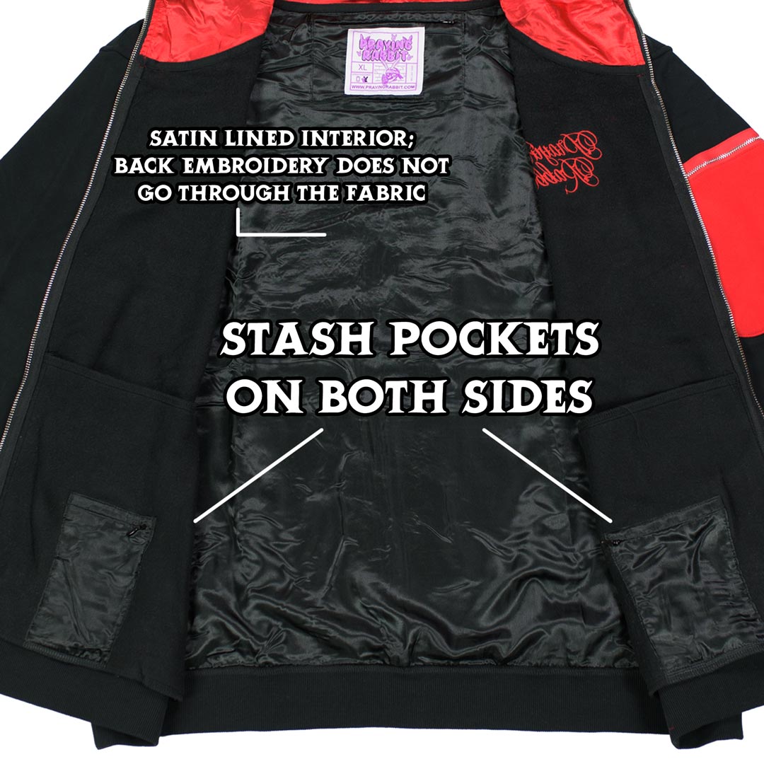 inside of hoodie that shows stash pockets on both sides. it has satin lined interior