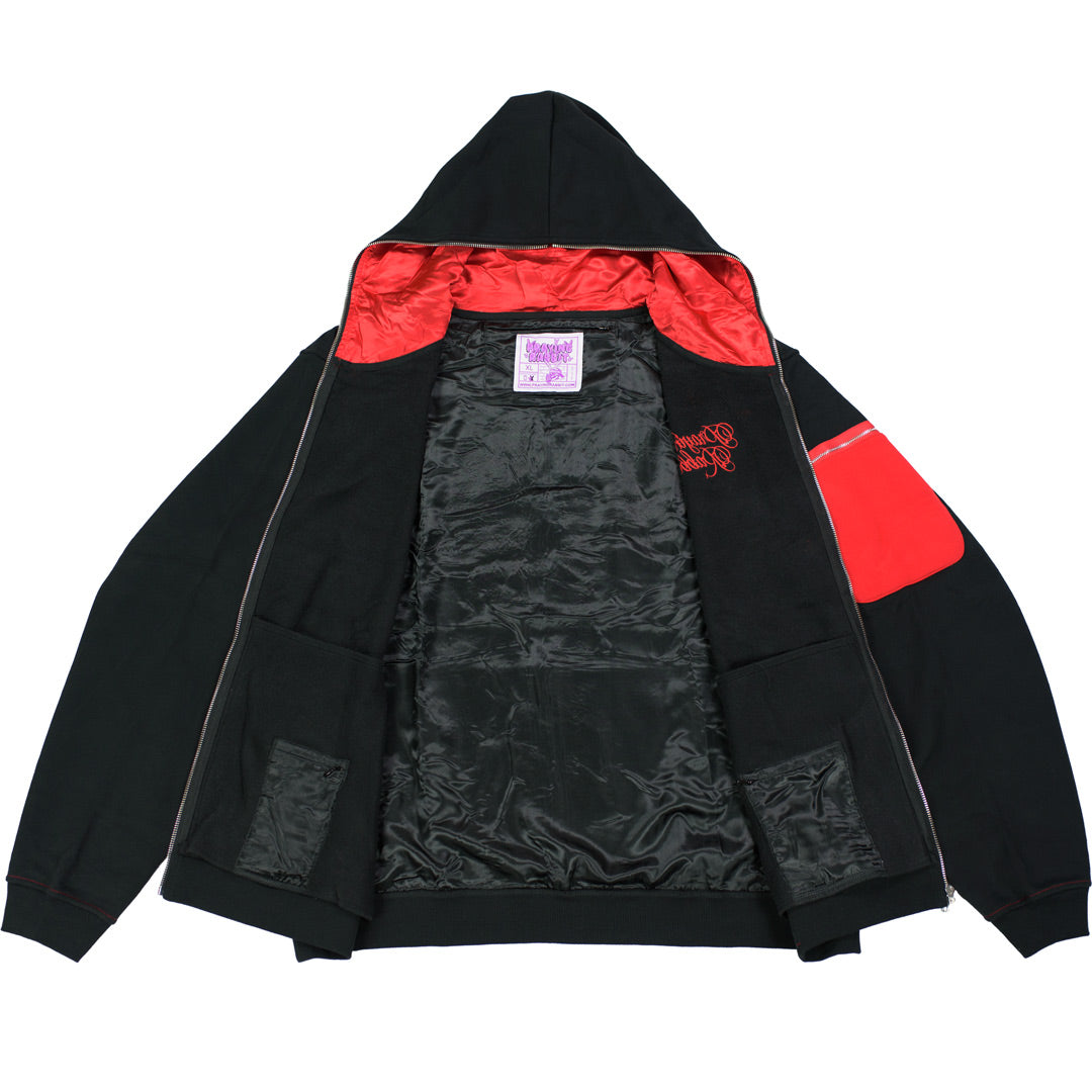 inside view of black and red hoodie with satin-lined interior, multiple hidden stash pockets, and a red satin lined hood