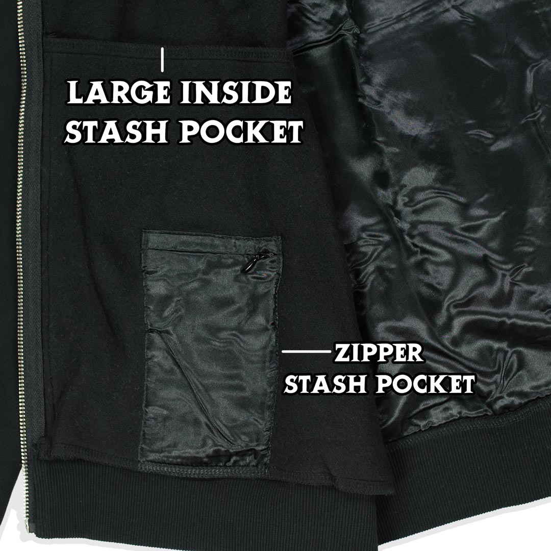 large inside stash pocket with no zipper and a small zipper stash pocket secured in front