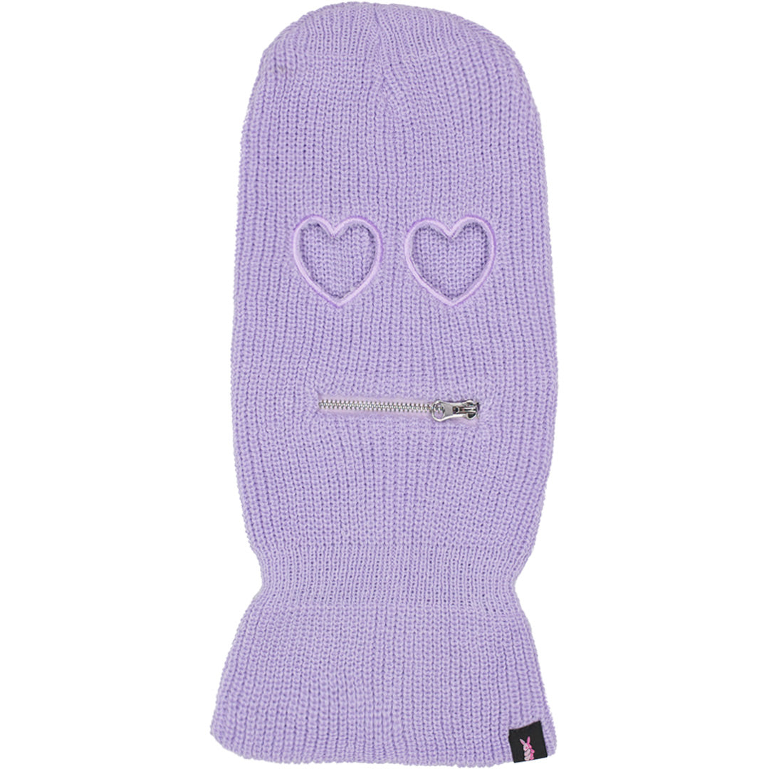 lavender ski mask balaclava with heart shaped eye openings and a zippered section near the mouth area