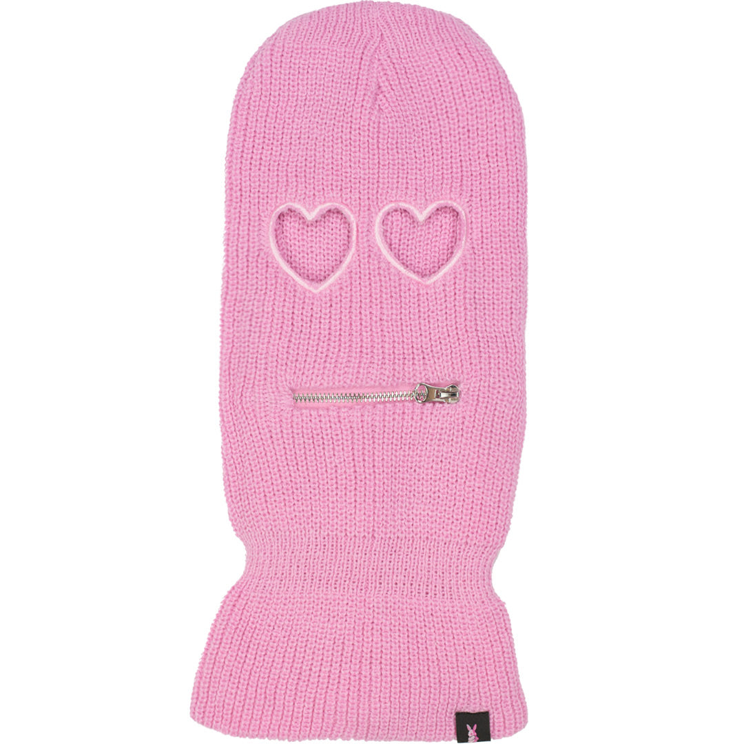 pink balaclava ski mask with heart shaped eyes and zipper lips near the mouth area