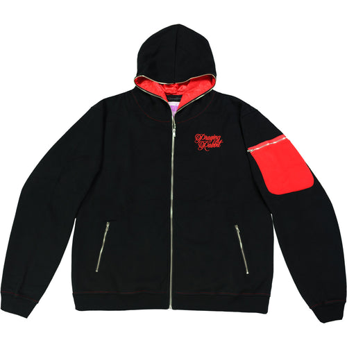 black and red praying rabbit hoodie with embroidered design on the left chest, red zipper pocket on the sleeve, two front zipper pockets, and red satin lined hood