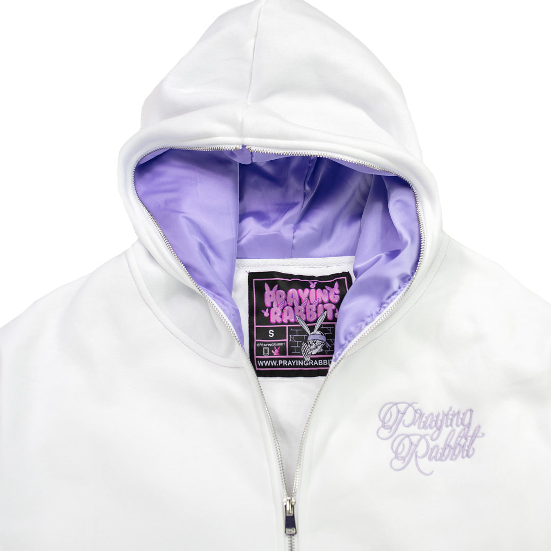 Praying Rabbit Hoodie – White/Lavender