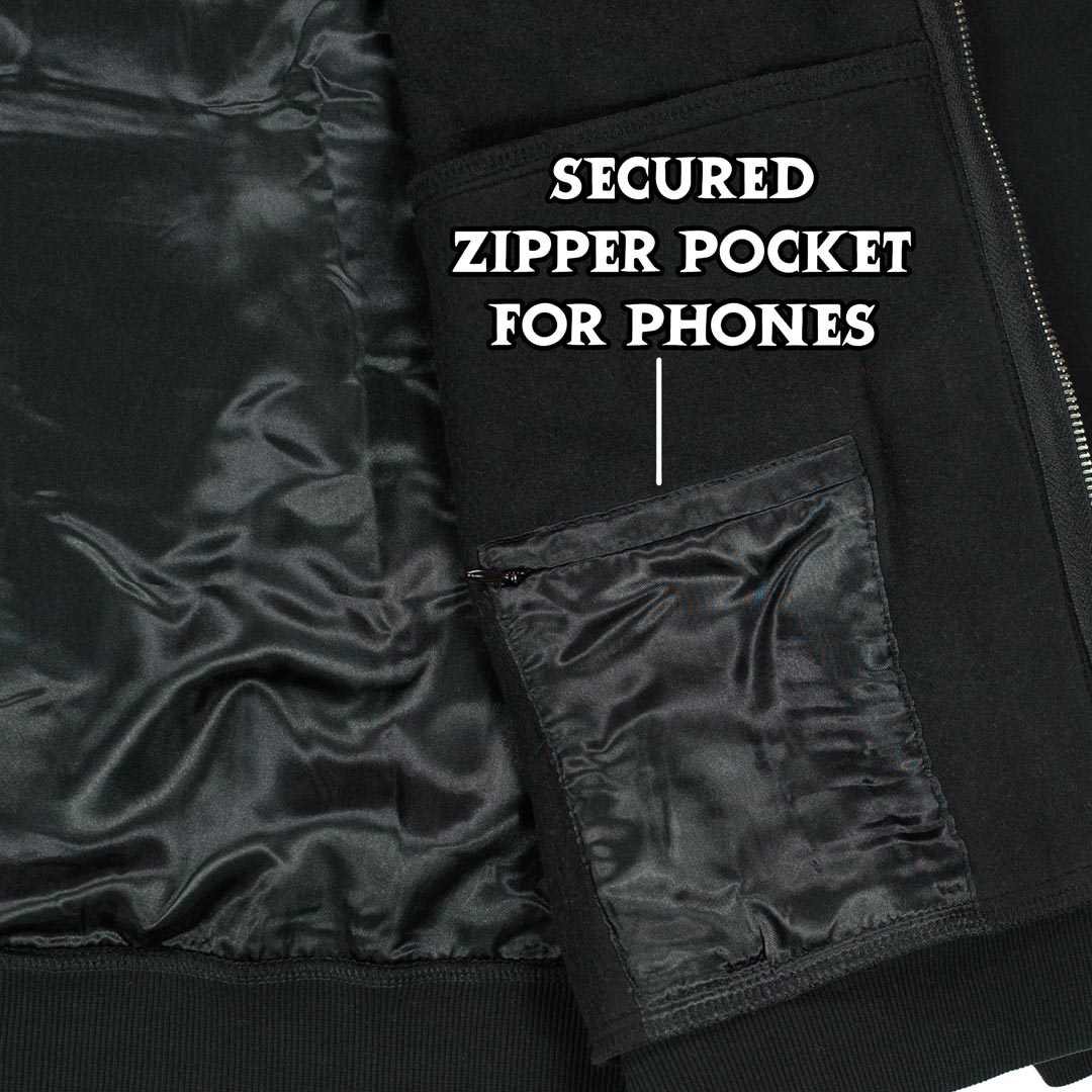 large stash pocket with large secured zipper pocket in front