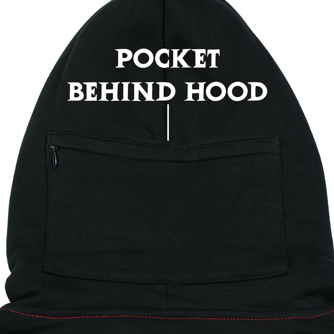 black pocket with an invisible zipper behind hood