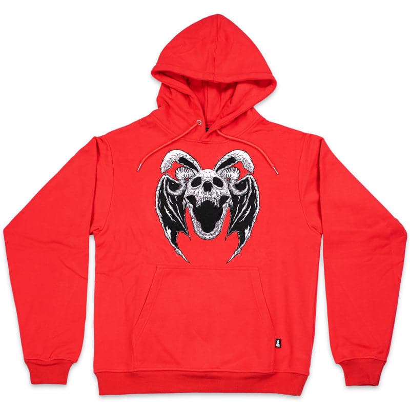 red hoodie with a huge embroidered design of a rabbit skeleton bat demon with horns and wings