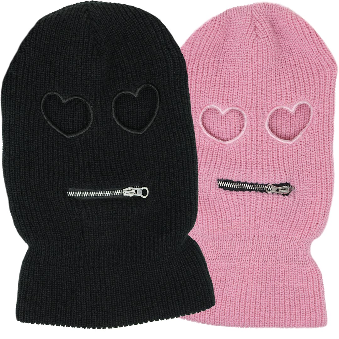 black and pink ski masks with heart eyes and zipper lips