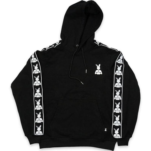 black hoodie with an embroidered praying rabbit logo on the left chest. the sleeves on the arms have a repeated praying rabbit strap pattern.