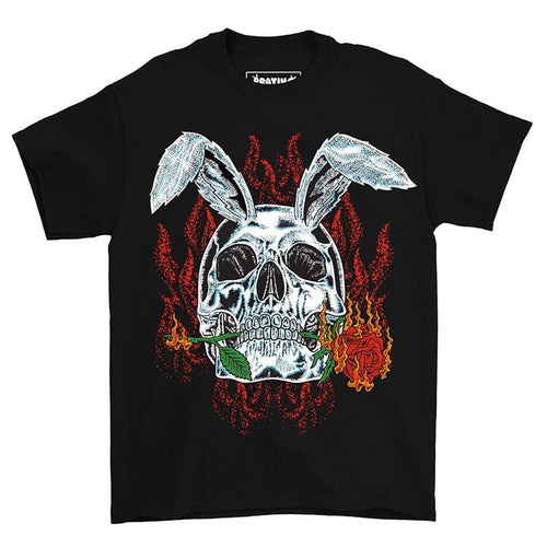 black t shirt with a printed graphic design of a rabbit skull biting a red rose and flames in the background
