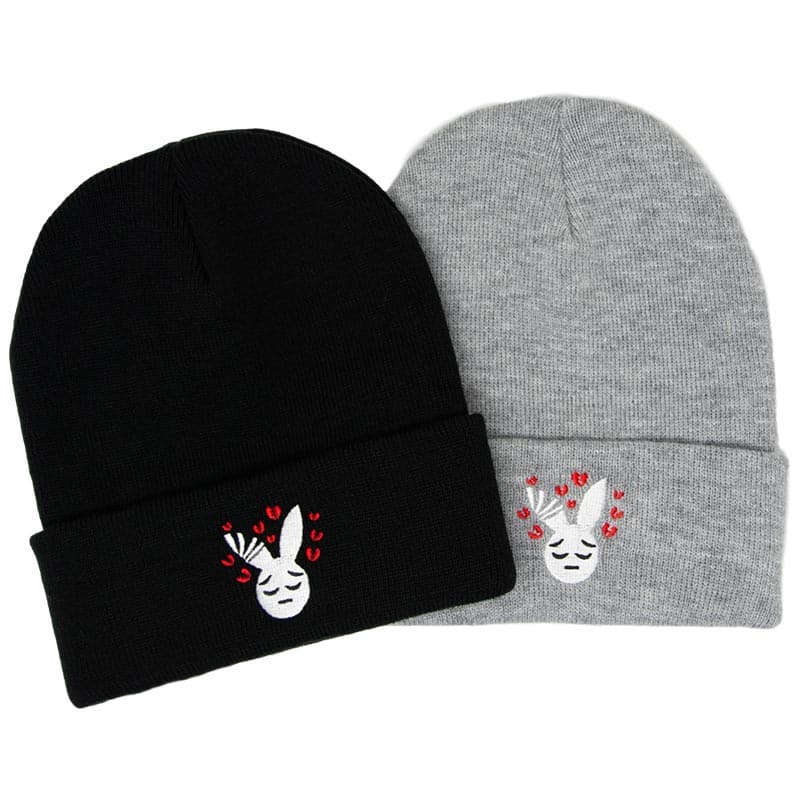 grey and black sad rabbit beanies