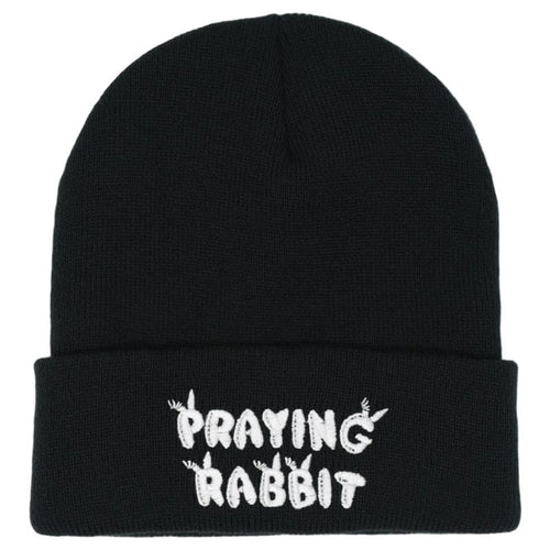 black beanie with white praying rabbit bubble letters embroidered