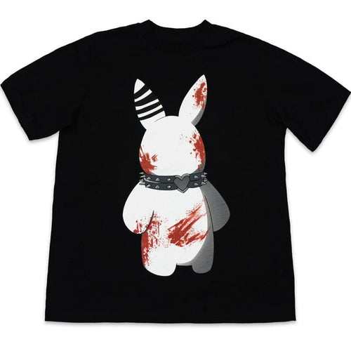 black t shirt with a printed graphic design of a white rabbit with blood stains on it and wearing a choker on its neck