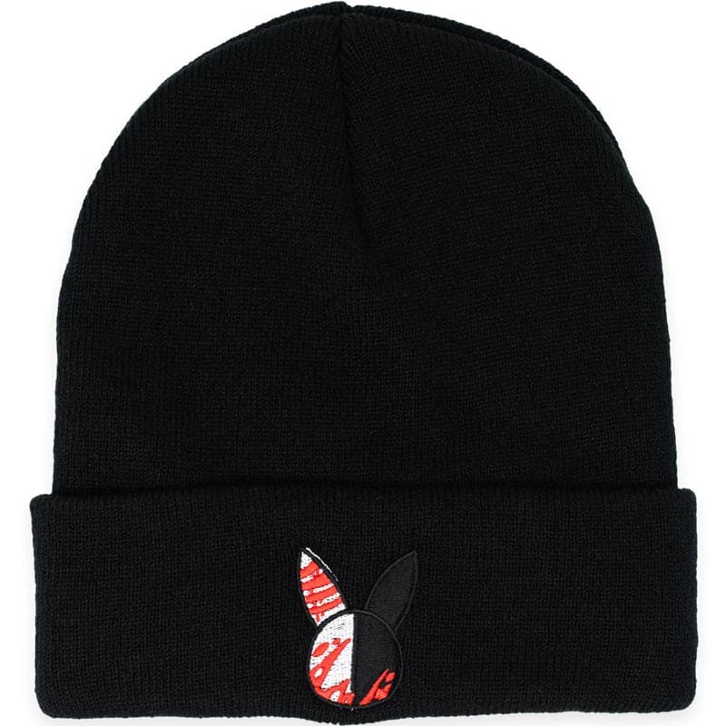 black beanie with black and white rabbit head embroidered. the rabbit has blood splattered on it