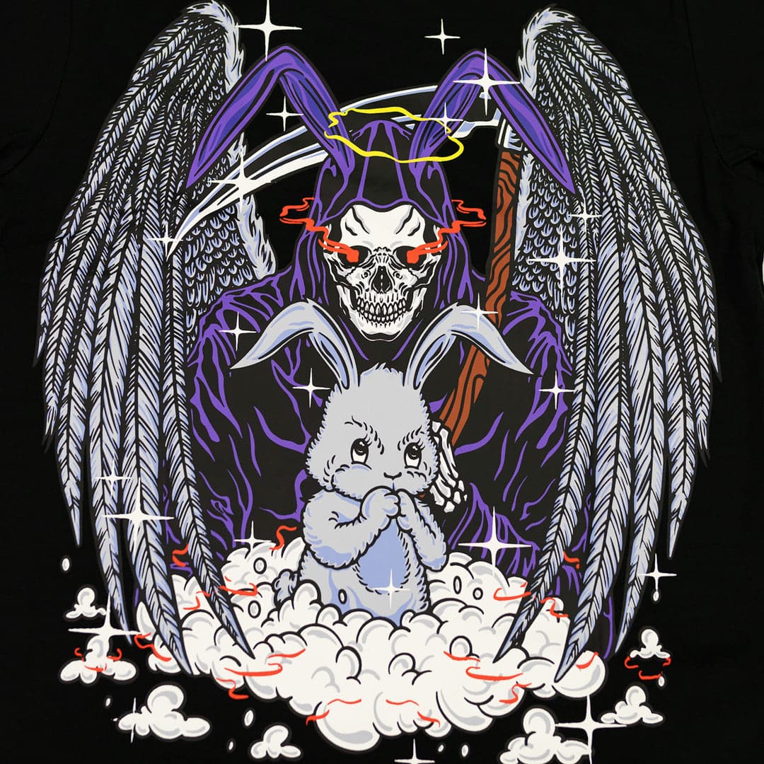 praying rabbit on a cloud with a huge skeleton angel behind it holding a scythe