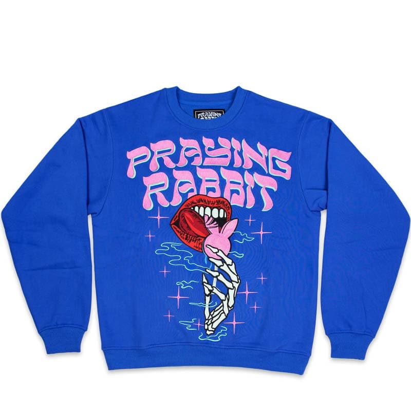 candy blue crew neck with a large 20" embroidered design that shows lips with skeleton hands licking a rabbit lollipop