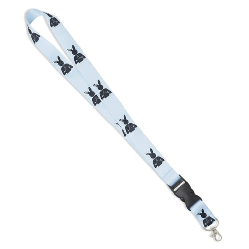 light blue lanyard with black praying rabbit logo print