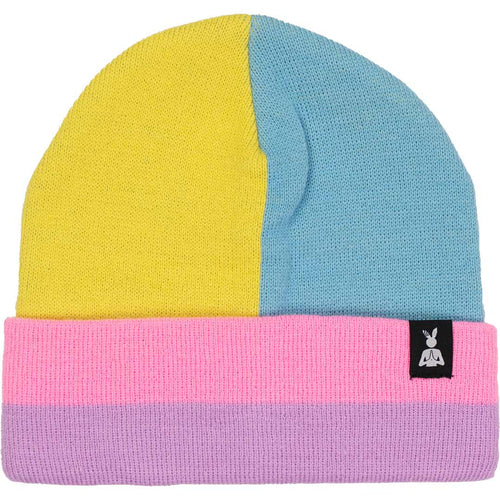 colorblock beanie with blue, yellow, pink, and lavender colors