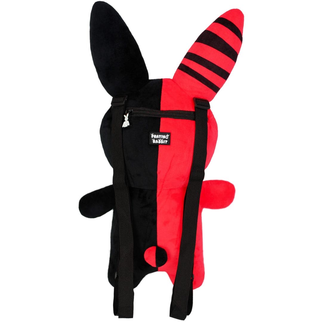 back view of bunny plush backpack with adjustable straps and praying rabbit logo zipper