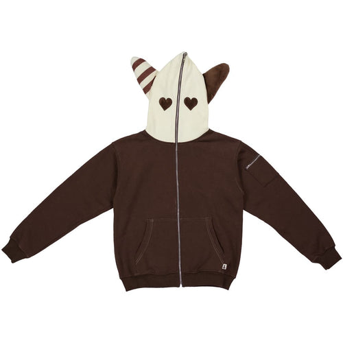 cream and brown hoodie with plush bunny ears and brown hearts on the hood
