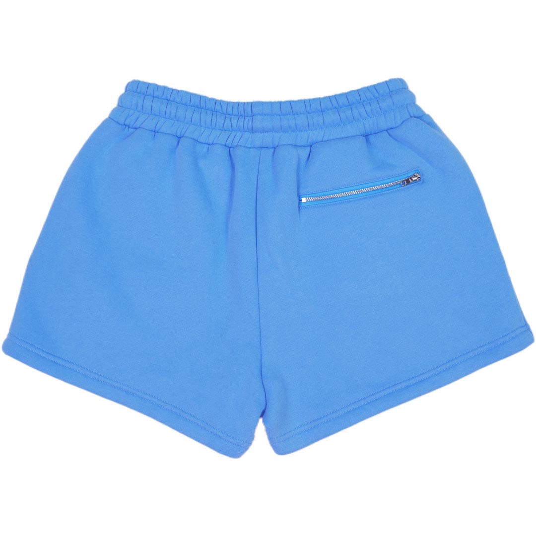 back view of candy blue shorts with zipper pocket on right side