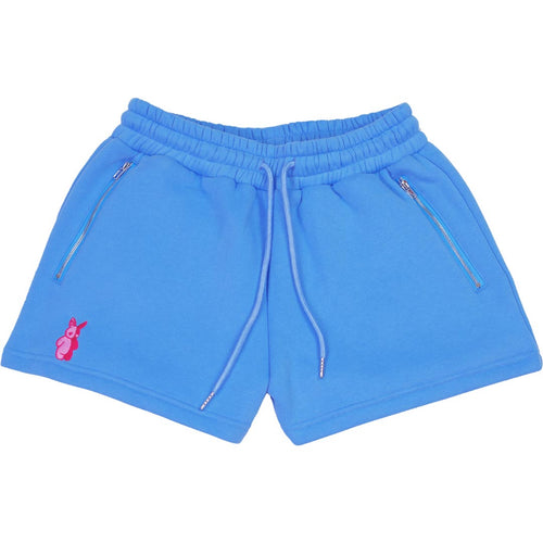 candy blue shorts with pink praying rabbit logo embroidered on bottom right corner