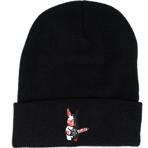 black beanie with embroidered rabbit holding a chainsaw