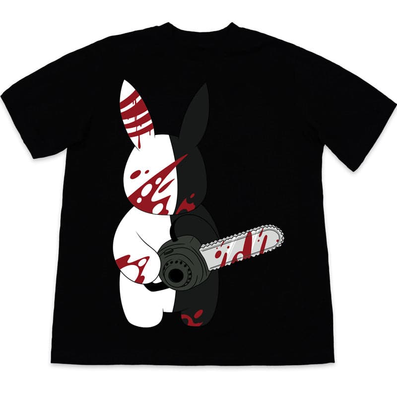 black t-shirt with large screen printed graphic of a bloody rabbit holding a chainsaw