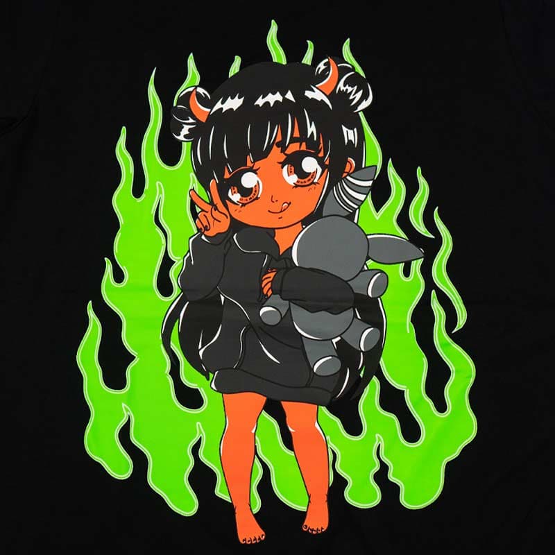 red demon chibi girl holding the gray rabbit and green flames behind her