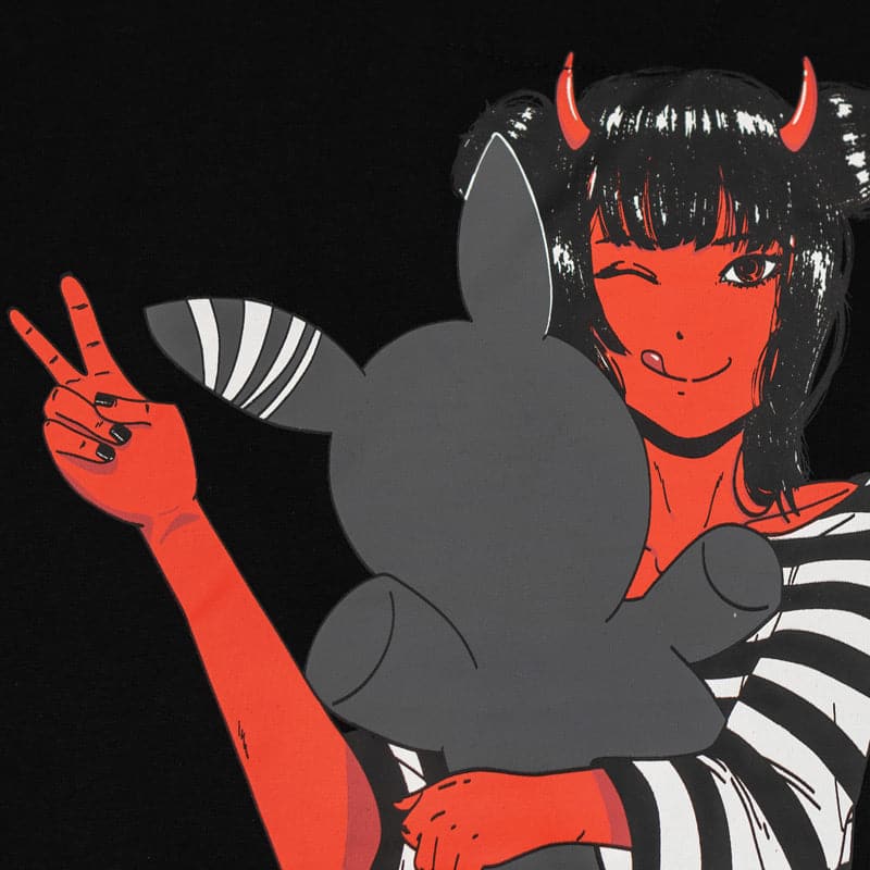 close up of red demon girl with horns holding cute gray bunny