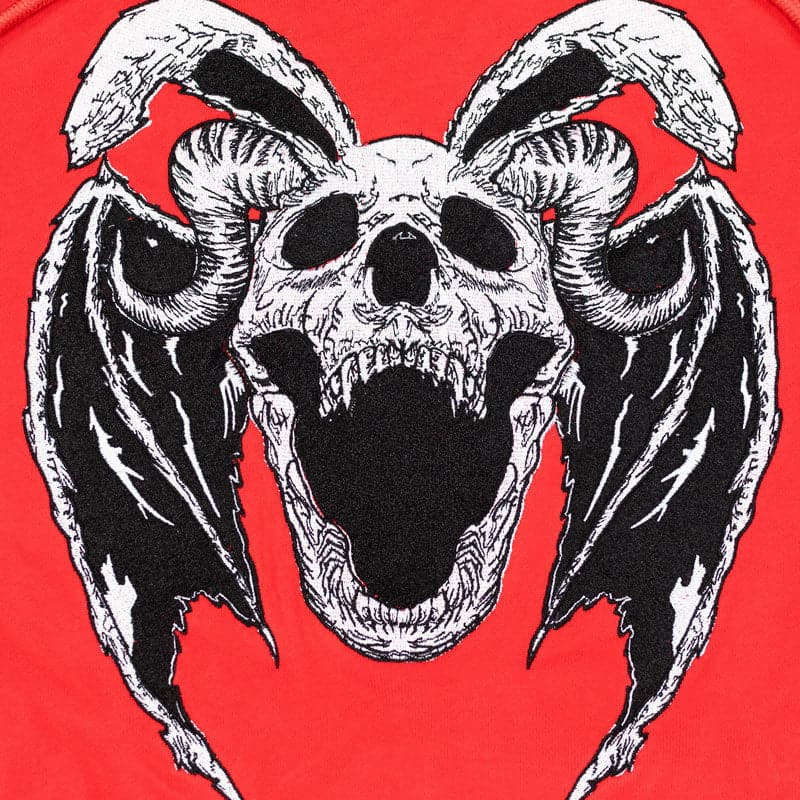 close up view of rabbit skeleton bat demon with bat wings and horns