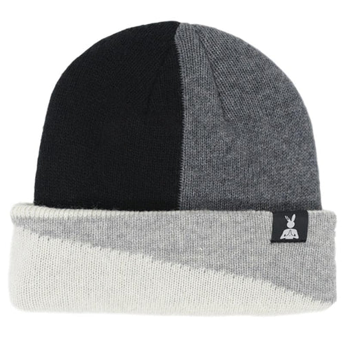 black and white and gray color block beanie with praying rabbit woven label