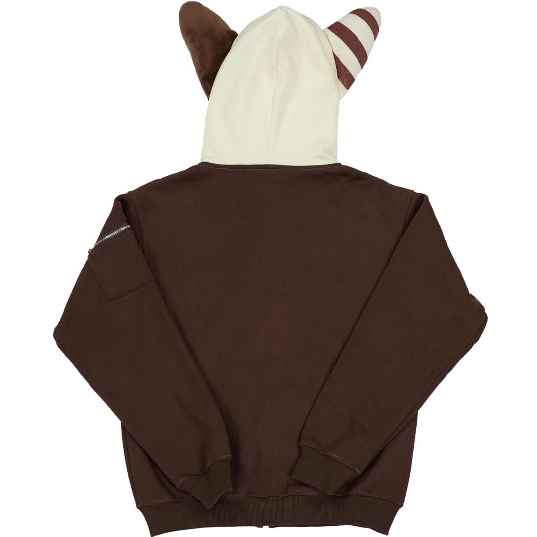 back view of cream and brown plush bunny ears hoodie