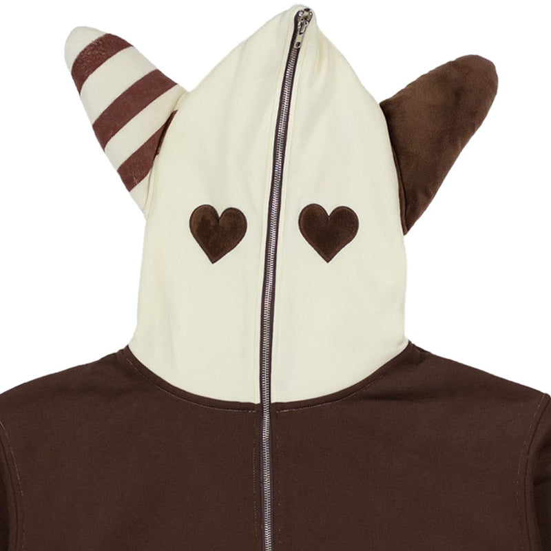 close up view of cream hood with heart eyes and plush bunny ears