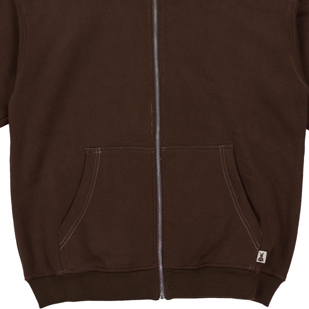 close up front zipper view of brown hoodie