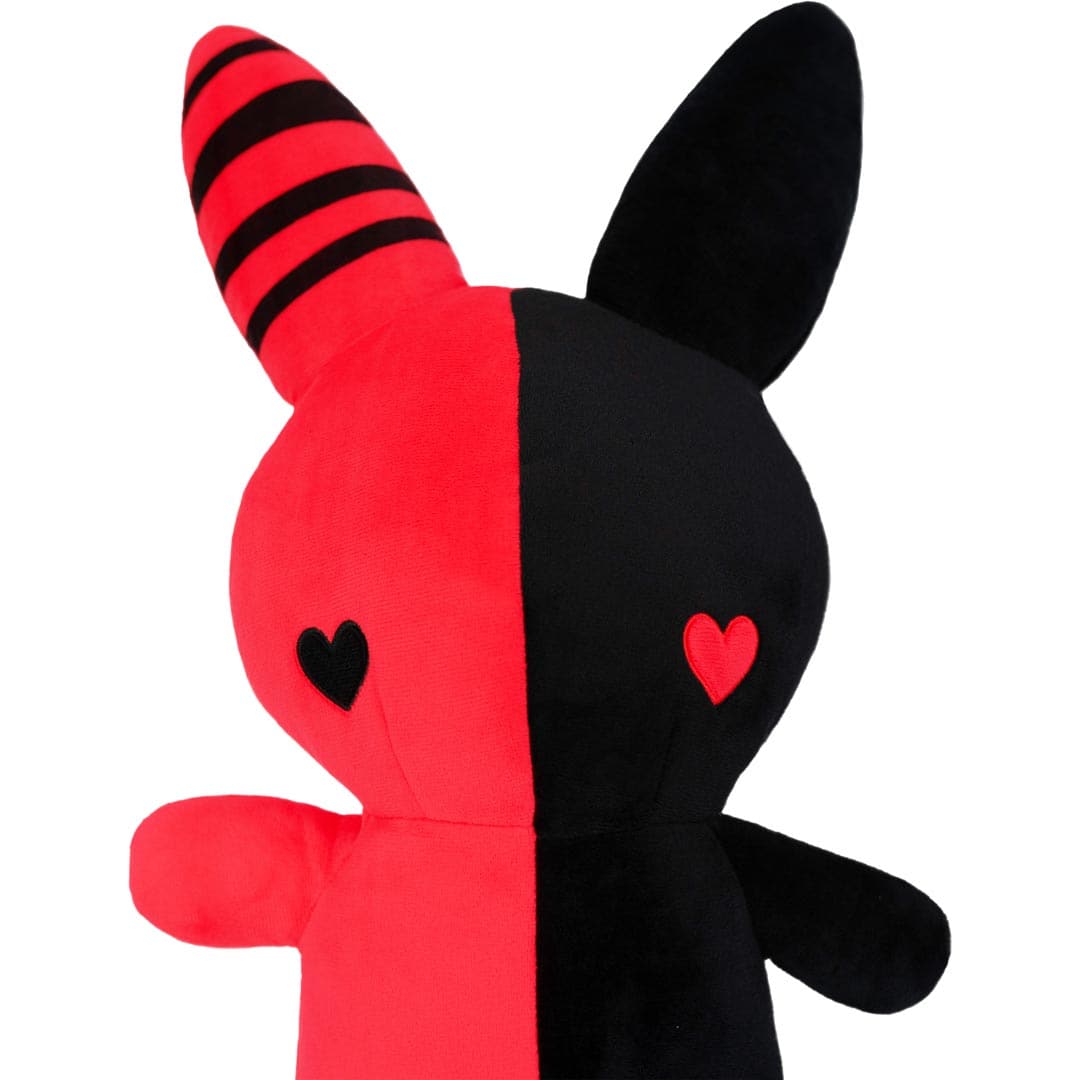 red and black cute bunny plush backpack top half view