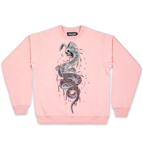 pink crew neck sweater with black and white embroidered design of a rabbit skeleton snake entangling cupid angel