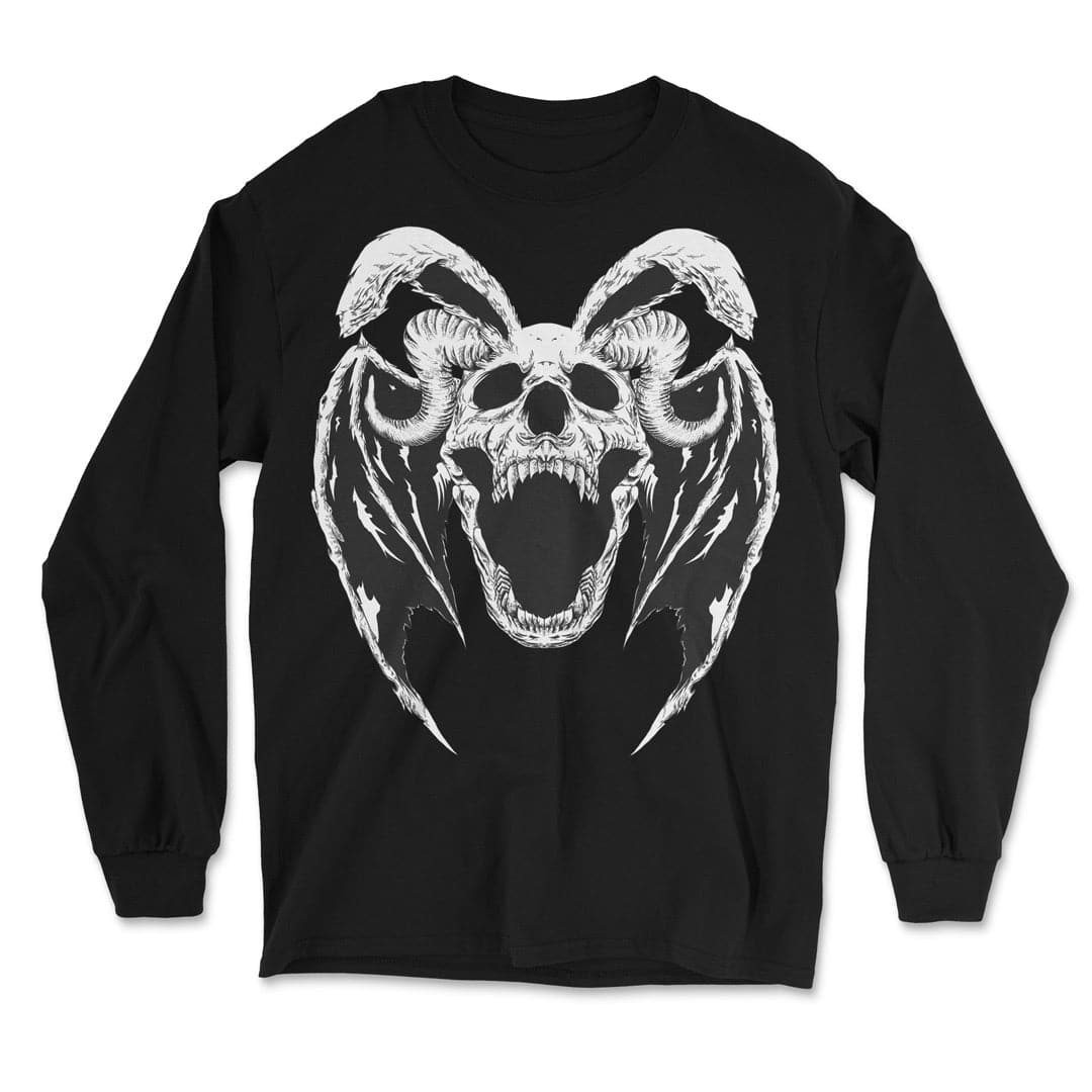 black long sleeve shirt with a printed graphic design of a rabbit skeleton demon with bat wings and horns