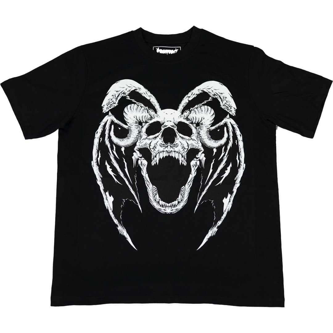 black t shirt with a printed graphic design of a rabbit skeleton demon with bat wings and horns