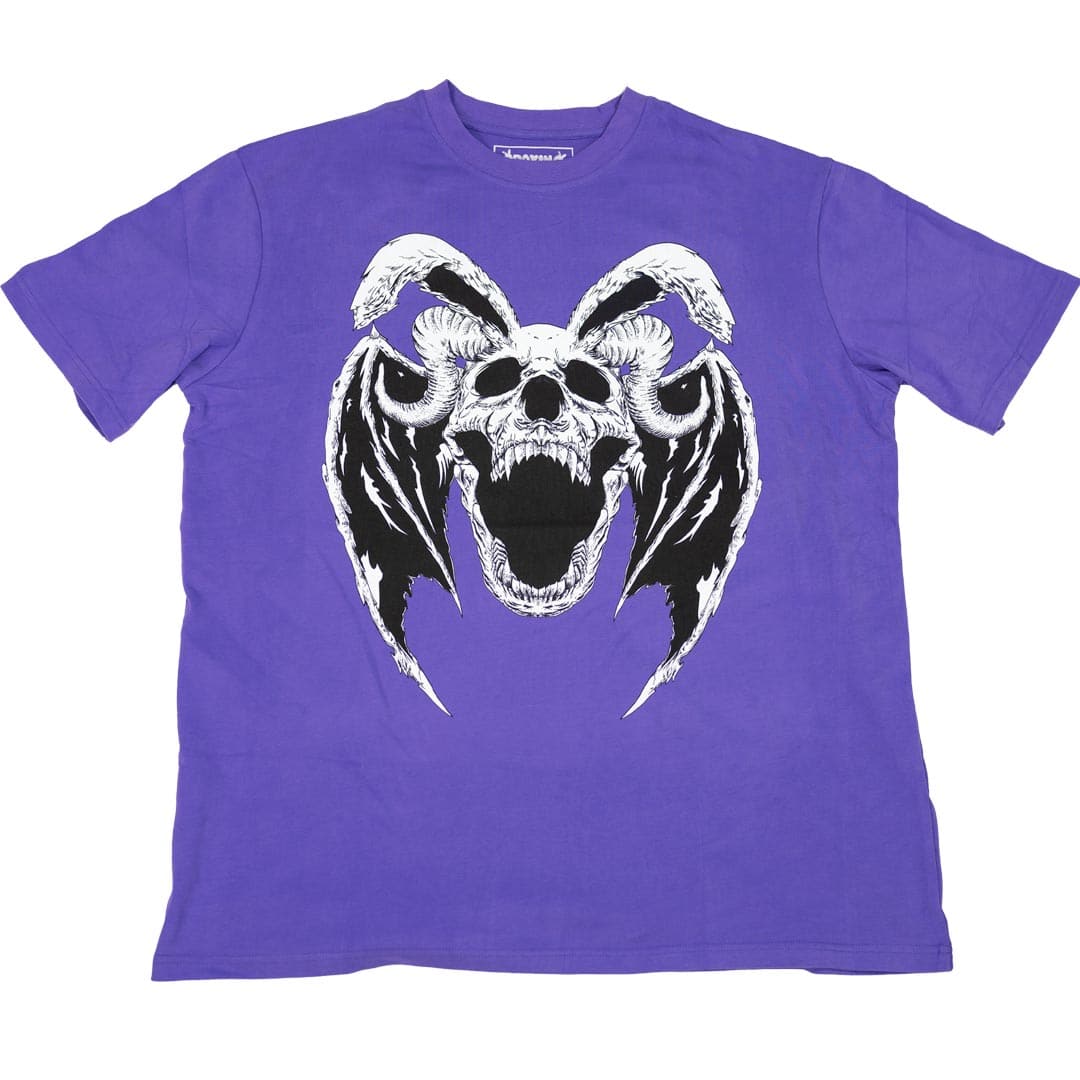 purple t shirt with printed design of a demon rabbit skull with bat wings and horns