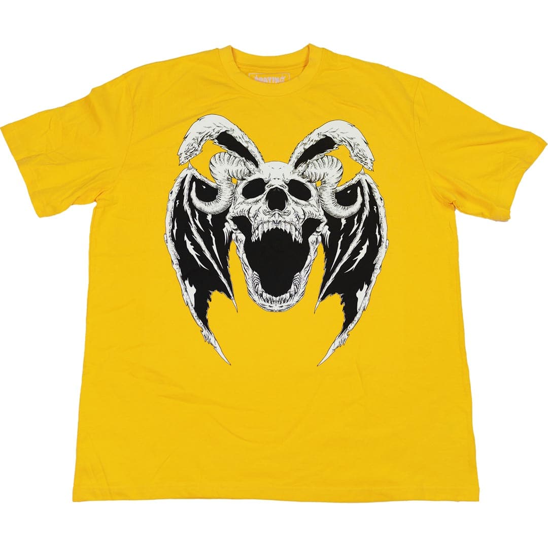 yellow graphic t shirt with printed design of a demon rabbit skull with bat wings and horns