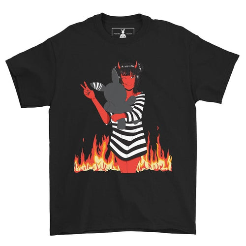 front view of demon anime girl holding a rabbit doll doing the peace sign black tee