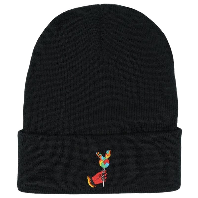 demon hand holding rabbit lollipop embroidered on black beanie